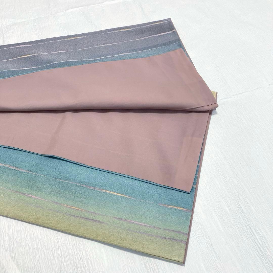 【美品✨】東レシルック　洗える着物　小紋　変わり縞　ぼかし染め　青緑　灰茶　G1