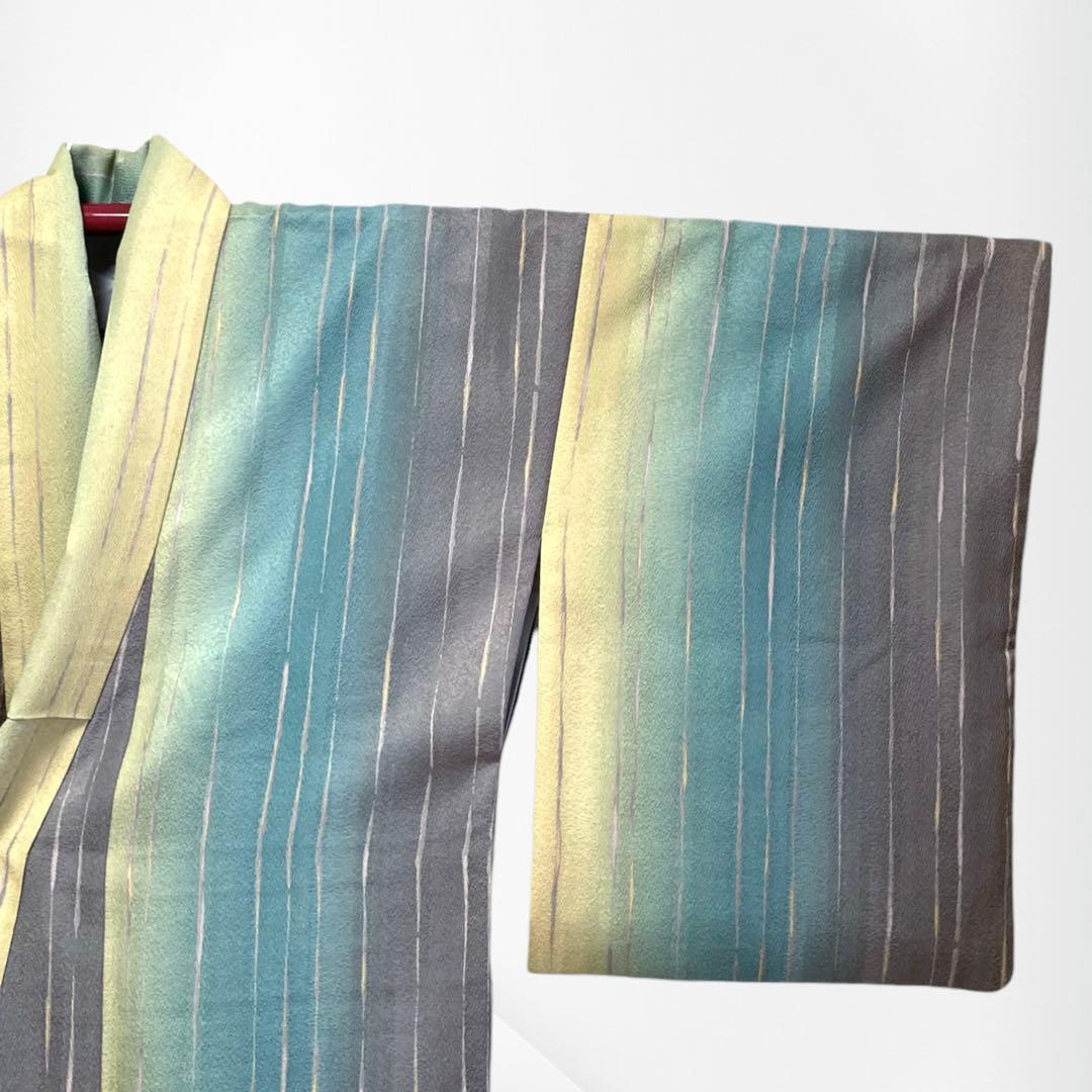 【美品✨】東レシルック　洗える着物　小紋　変わり縞　ぼかし染め　青緑　灰茶　G1