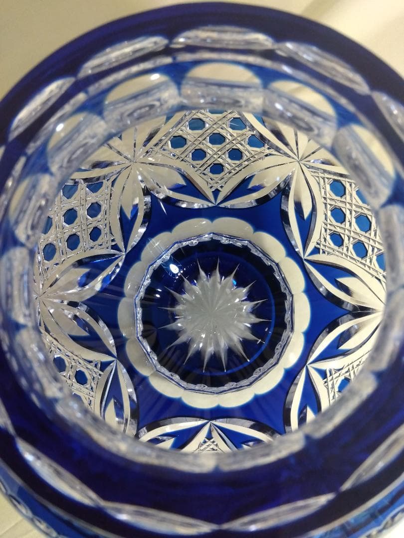 カガミクリスタル　江戸切子　花瓶　青　木村秋男