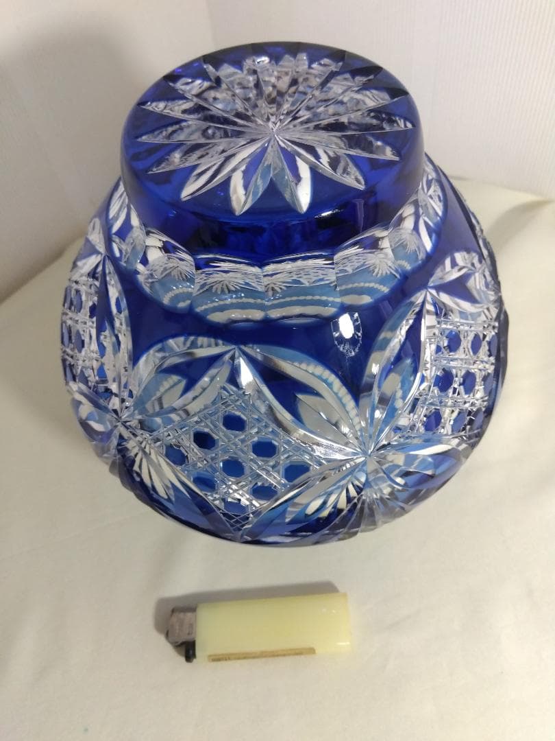 カガミクリスタル　江戸切子　花瓶　青　木村秋男