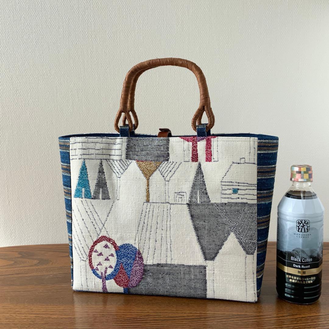 紬帯 メルヘンな風景 リメイク 山葡萄ハンドルバッグ