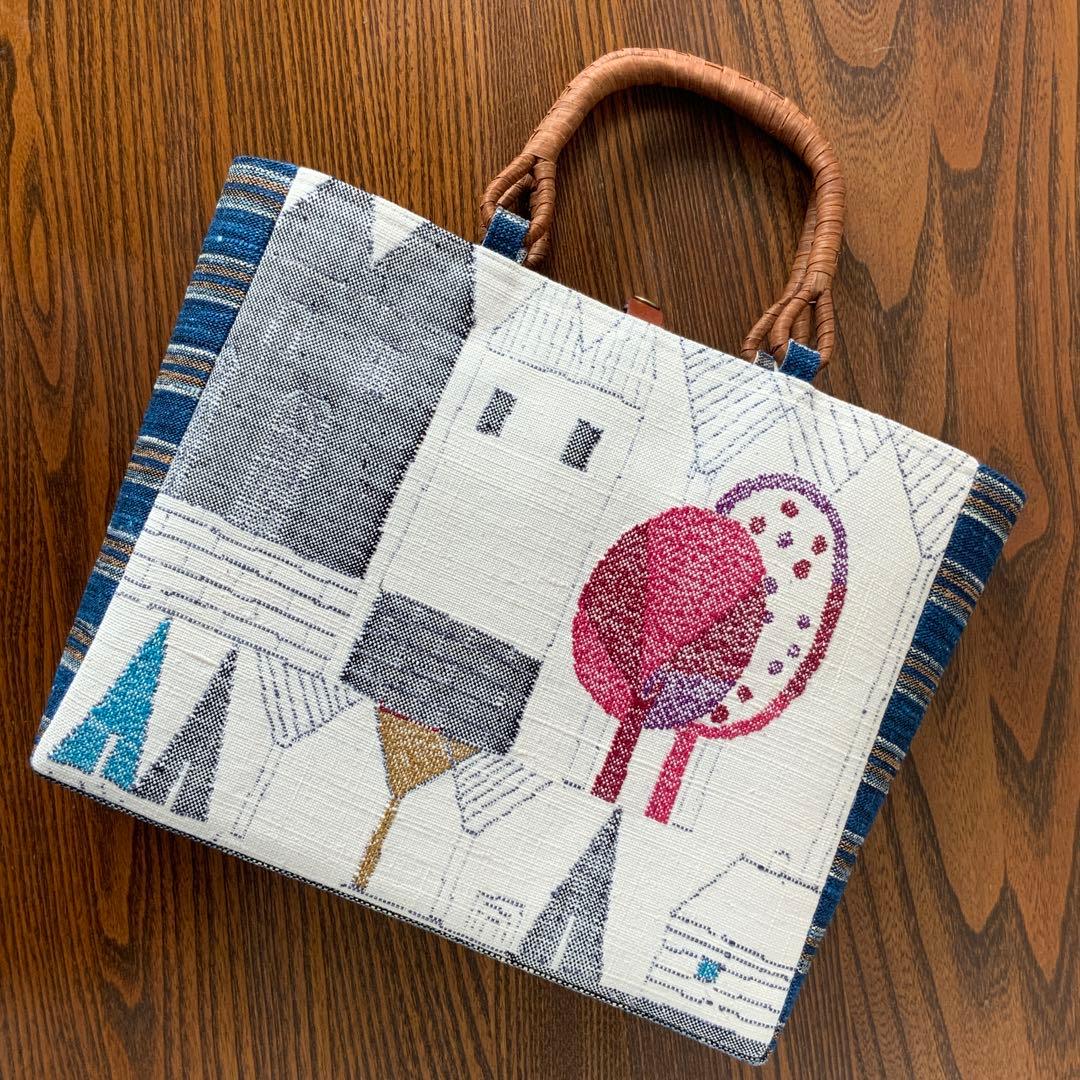 紬帯 メルヘンな風景 リメイク 山葡萄ハンドルバッグ