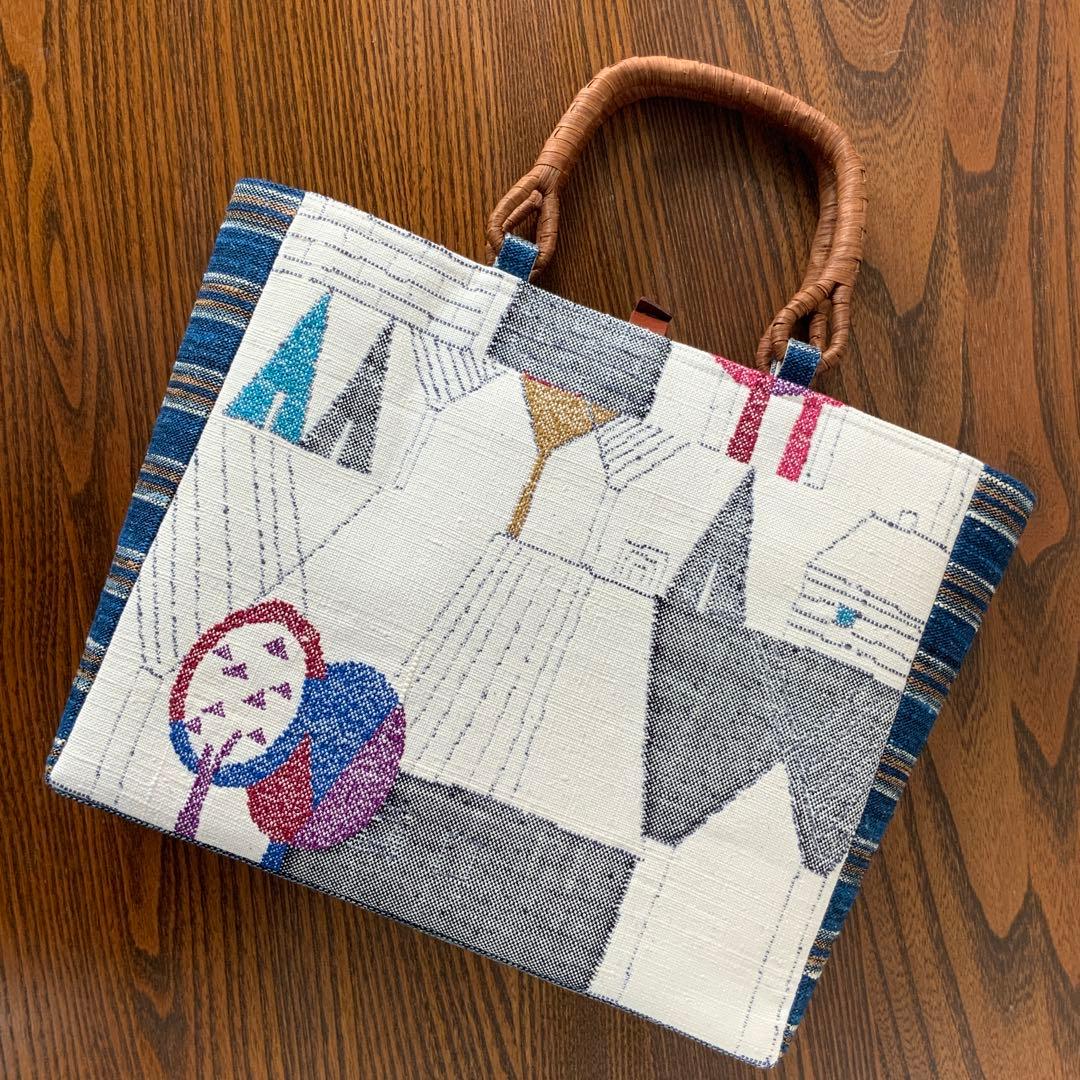 紬帯 メルヘンな風景 リメイク 山葡萄ハンドルバッグ