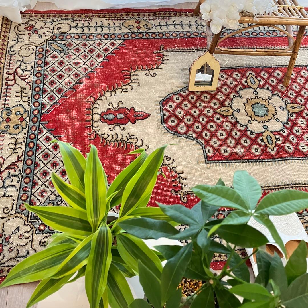 クラシカル柄✳︎117×209✳︎ 華やかレッド　ブラウン　トルコヴィンテージラグ