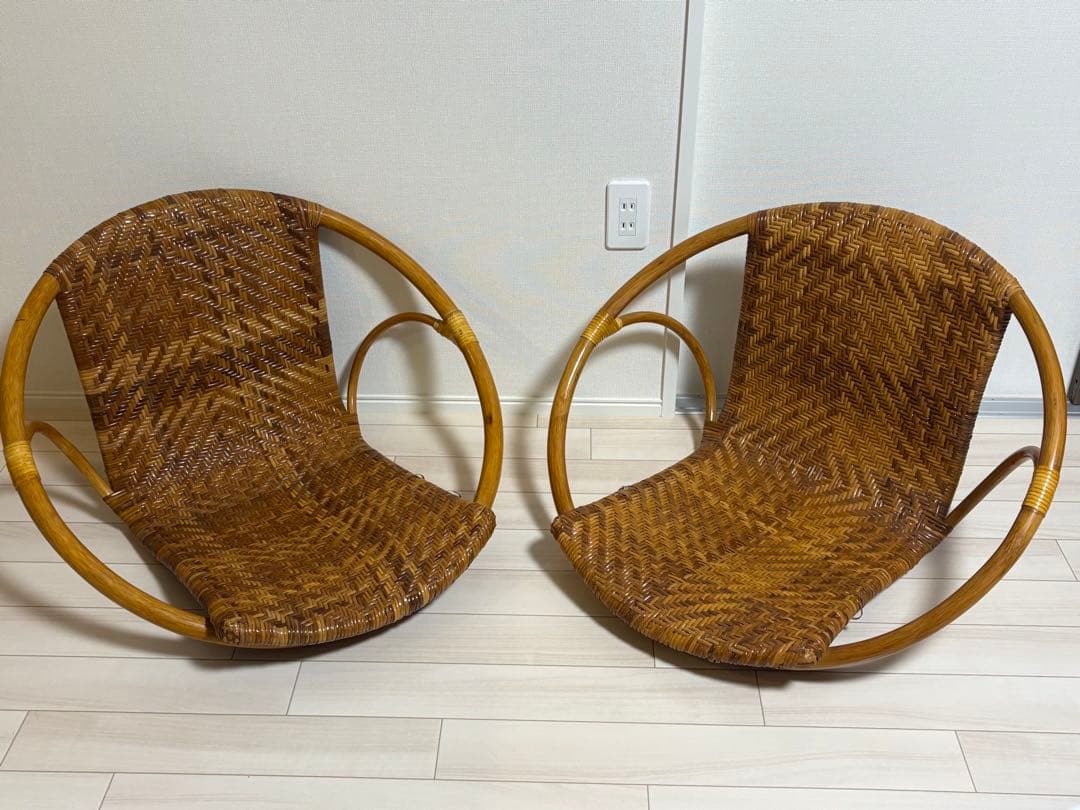 ラタン　丸座椅子　2台セット　アジア　レトロ