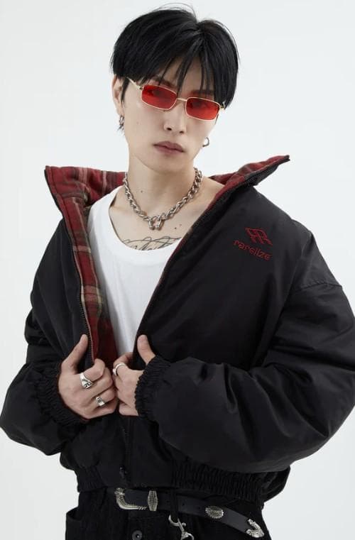 L2142　リバーシブルチェックアウター　S（black）　地底人ONLINE