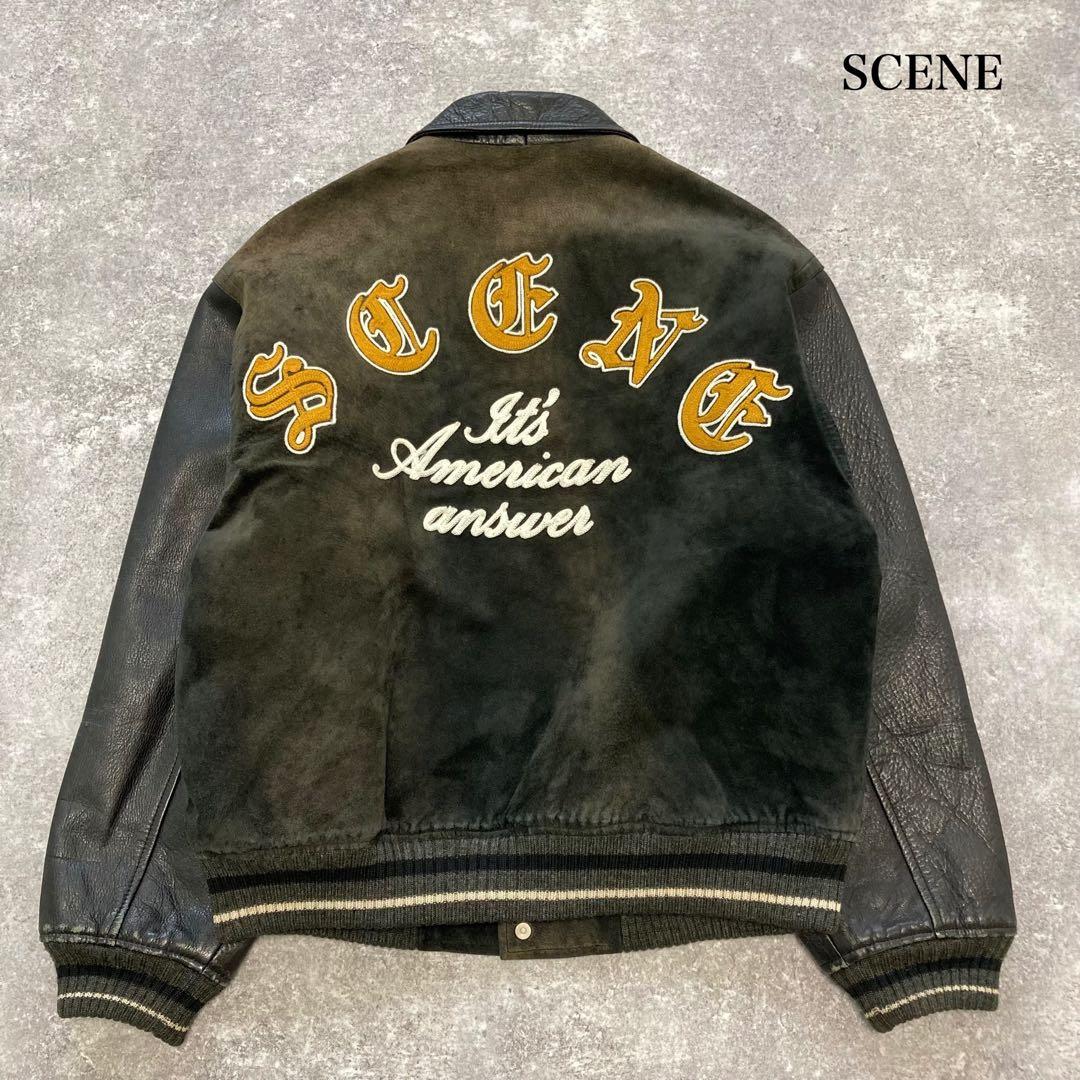 【SCENE】 シーン オールレザースタジャン 90s ヴィンテージ 刺繍 黒
