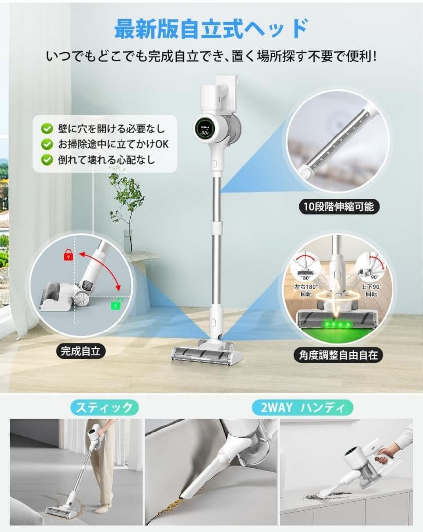 掃除機コードレス 軽量 サイクロン式 550Ｗ 3段吸引力大容量バッテリー低騒音