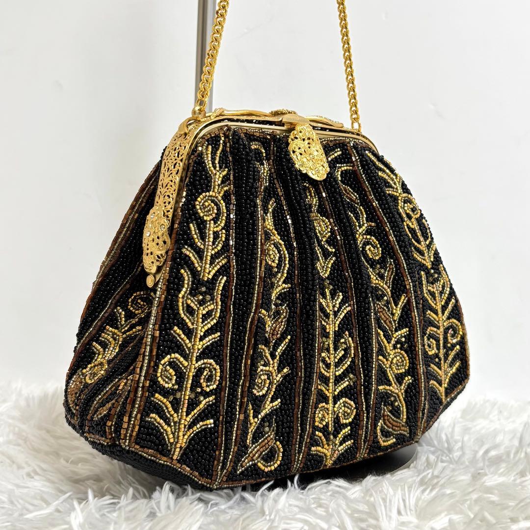 【美品】 ビーズバッグ がま口 チェーンショルダー