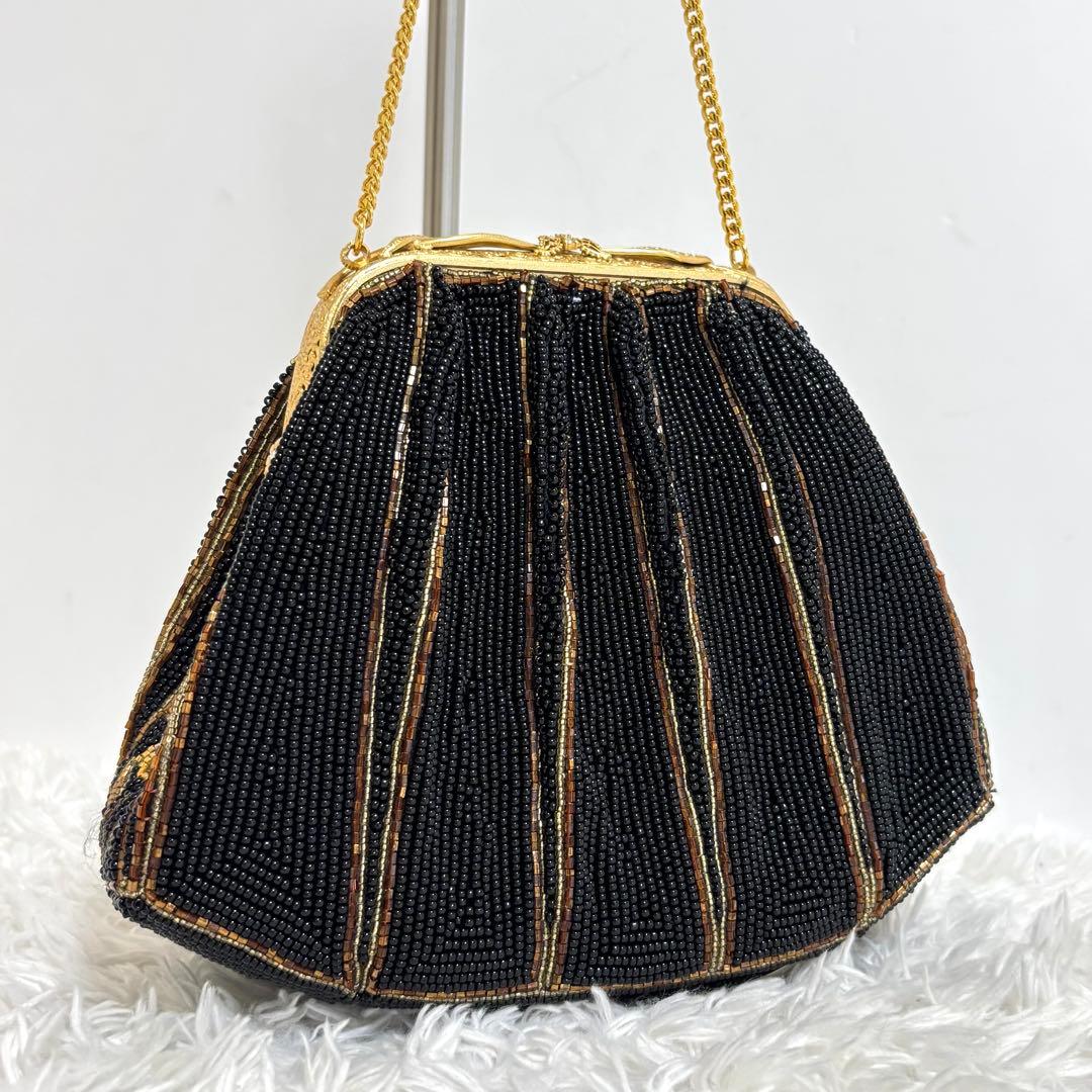【美品】 ビーズバッグ がま口 チェーンショルダー