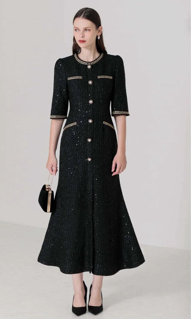 R　leja ワンピース　黒　ツイード　ゴールドラメ　M