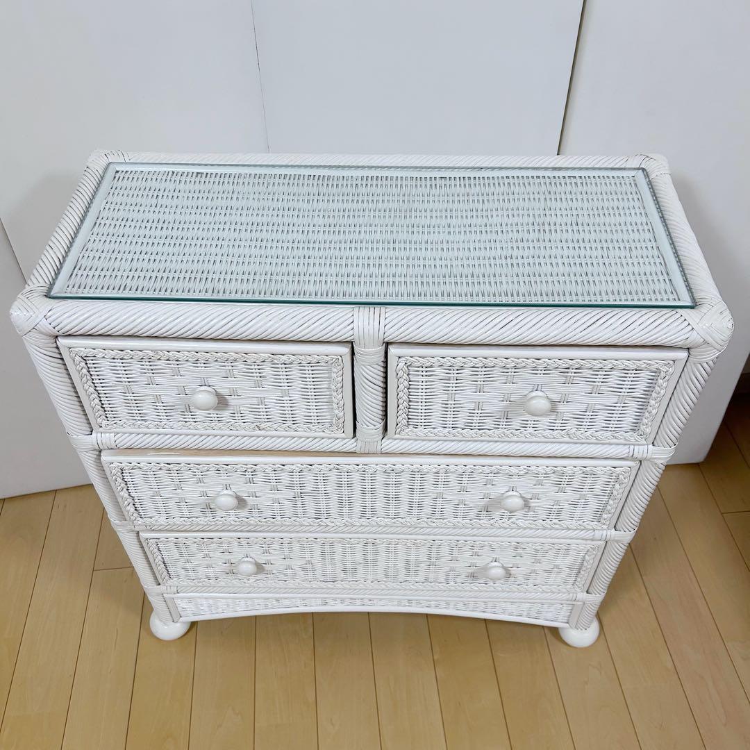 フレンチカントリーラタン　籐　3段チェスト　ホワイトラタン　丸脚　白家具　姫家具