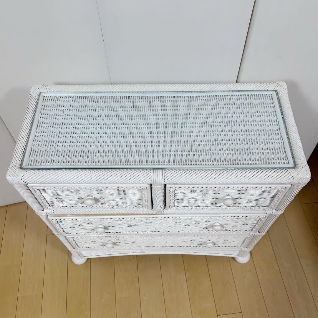 フレンチカントリーラタン　籐　3段チェスト　ホワイトラタン　丸脚　白家具　姫家具