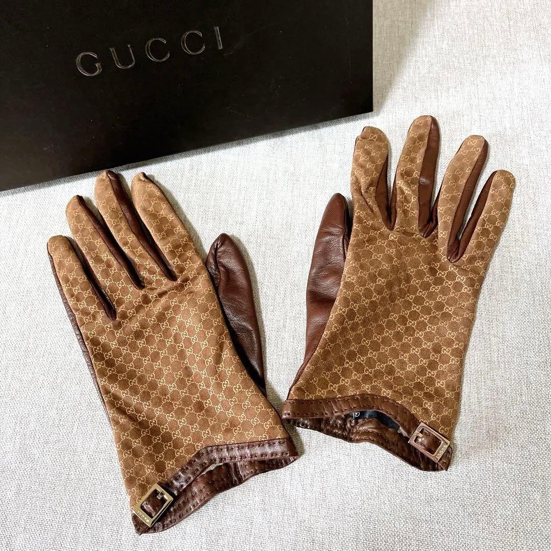 【希少•美品】GUCCI グッチ グローブ 手袋 レザー シルク マイクロ シマ