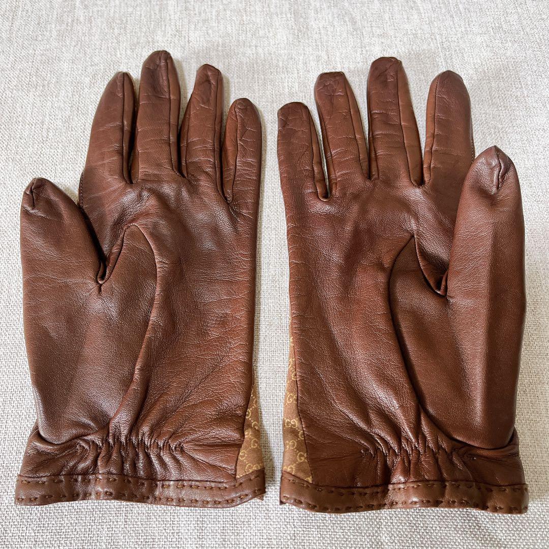 【希少•美品】GUCCI グッチ グローブ 手袋 レザー シルク マイクロ シマ
