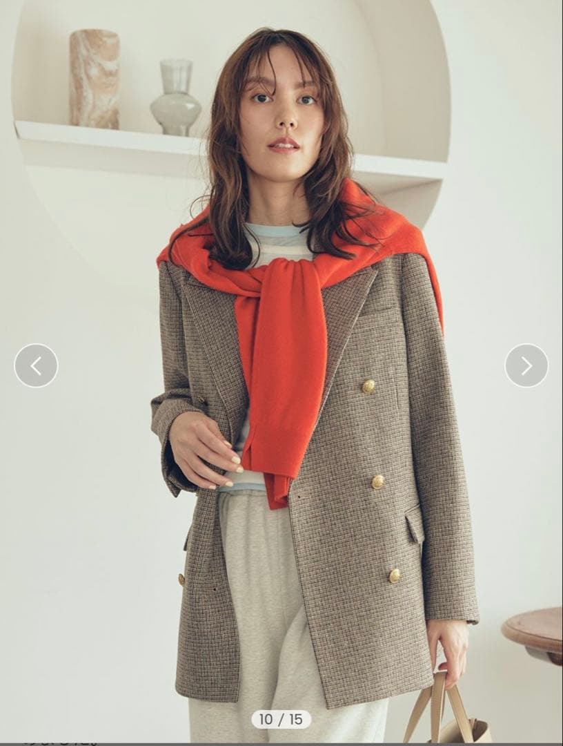 Mila Owen チェック金釦ダブルブレストロングブレザー