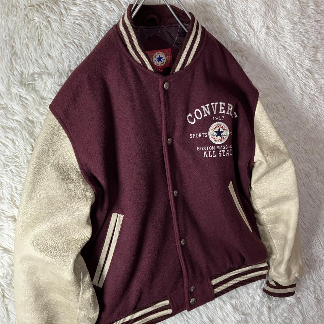 美品 90s コンバース オールスター スタジャン 袖レザー 牛革 ワイン L
