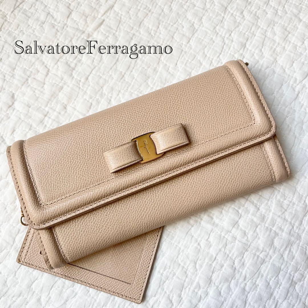 美品 SalvatoreFerragamo 長財布 ヴァラリボン ベージュ