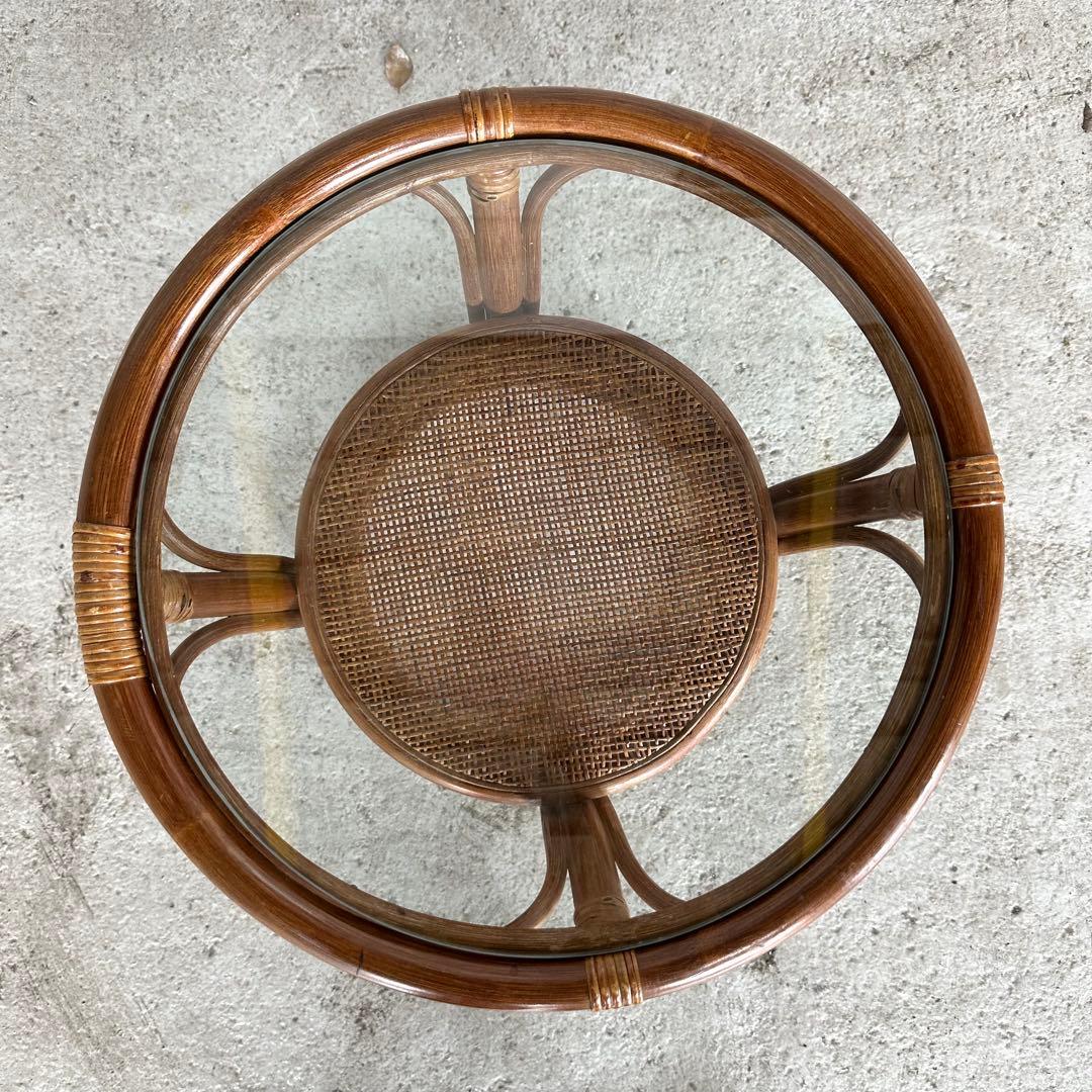 ⭐️即決価格⭐️ラタンサイドテーブル　丸型ガラステーブル　藤　天板49cm