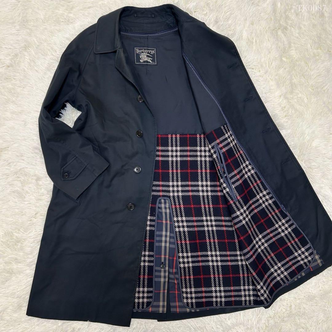 【美品/L】バーバリーロンドン ステンカラーコート アウター ライナー付 紺色