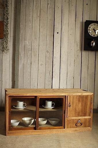 古い木製のガラス戸棚×ミラー付き戸棚×木製小引き出し　古家具　古民家　時代家具