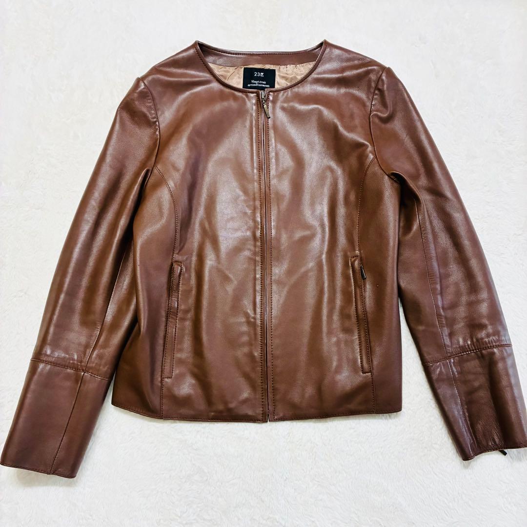 美品　23区 山羊レザージャケット ノーカラー ブラウン 3XL（4L)サイズ