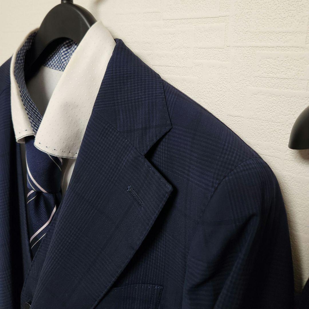 スーツセレクト　メンズ　スーツ　スリーピース　マルゾット　濃紺　チェック　細身