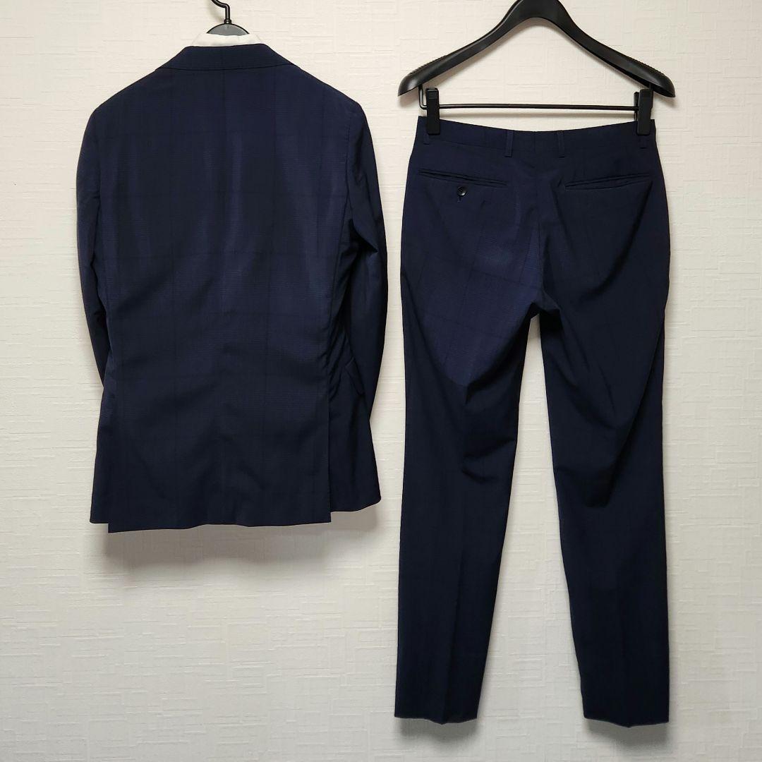 スーツセレクト　メンズ　スーツ　スリーピース　マルゾット　濃紺　チェック　細身