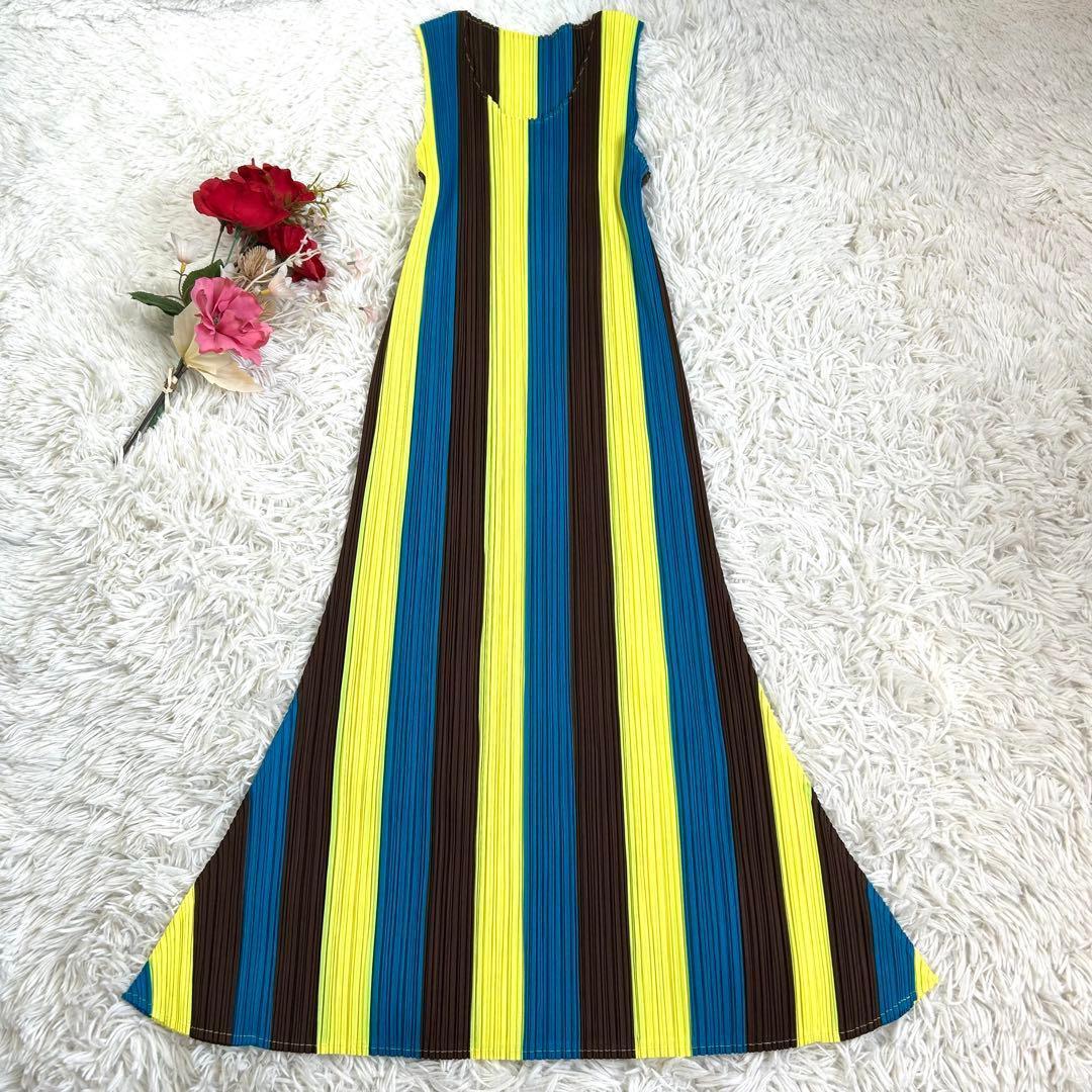 【美品】プリーツプリーズ 希少 ストライプ Aライン ロングワンピース 4