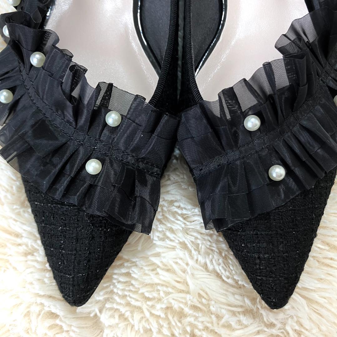 極美品✨ DIANA ダイアナ パール ラッフルフリル ビジュー パンプス 黒