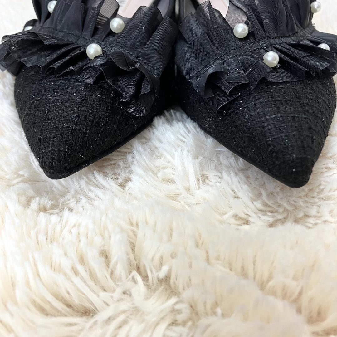 極美品✨ DIANA ダイアナ パール ラッフルフリル ビジュー パンプス 黒
