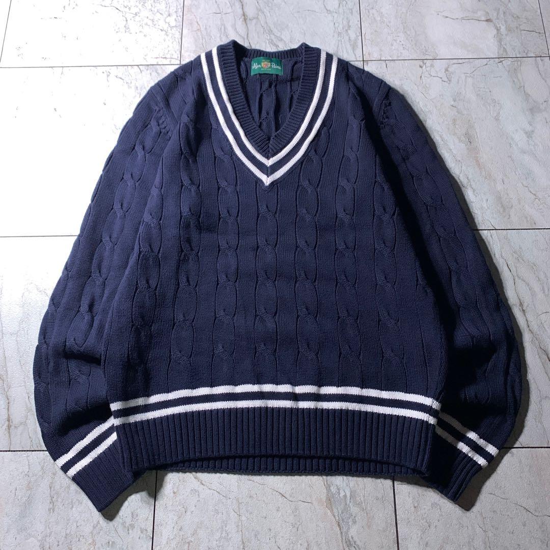 ALAN PAINE コットン ケーブル チルデンニット クリケットセーター 紺