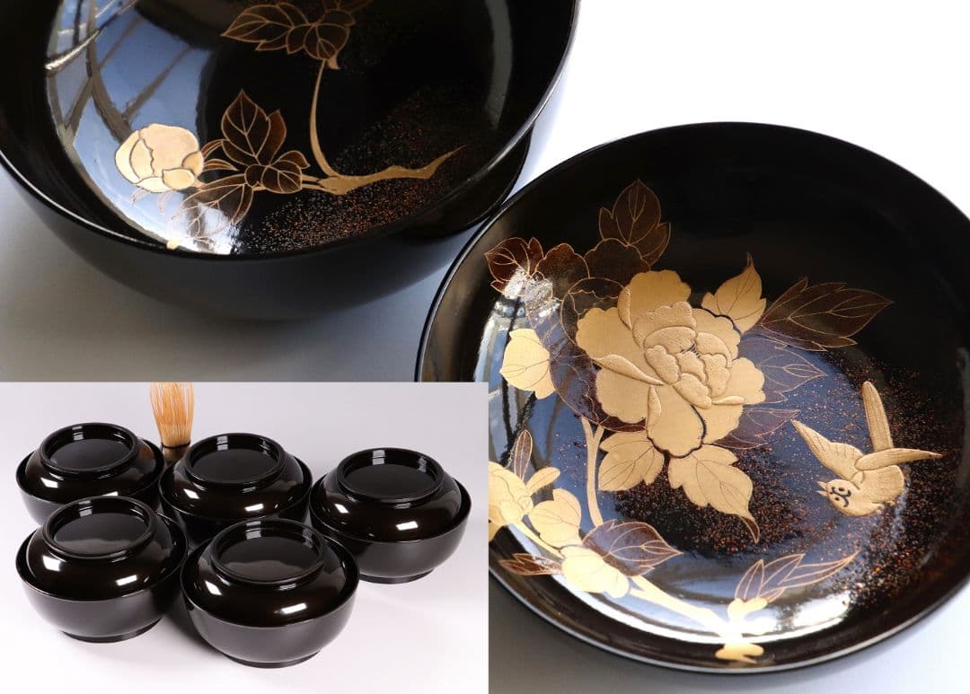 MA246 時代漆器 輪島塗 牡丹雀金蒔絵 梨地 黒塗椀 五客 木製 花鳥