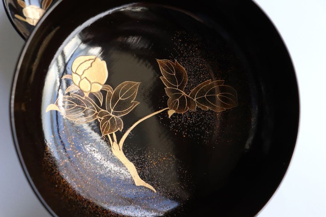 MA246 時代漆器 輪島塗 牡丹雀金蒔絵 梨地 黒塗椀 五客 木製 花鳥