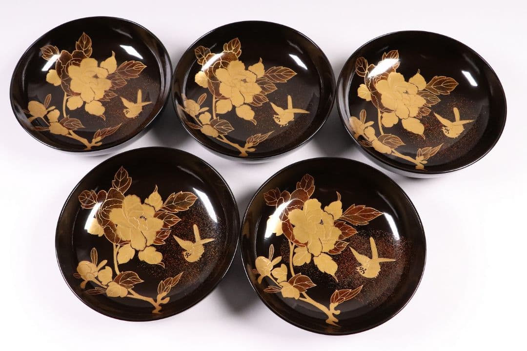 MA246 時代漆器 輪島塗 牡丹雀金蒔絵 梨地 黒塗椀 五客 木製 花鳥