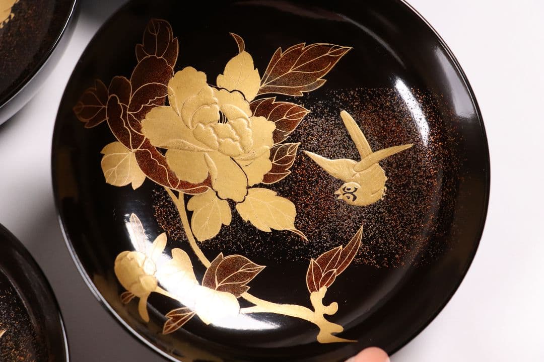 MA246 時代漆器 輪島塗 牡丹雀金蒔絵 梨地 黒塗椀 五客 木製 花鳥
