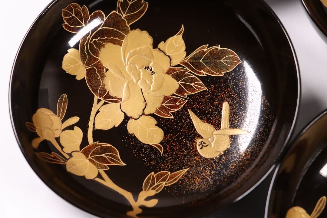 MA246 時代漆器 輪島塗 牡丹雀金蒔絵 梨地 黒塗椀 五客 木製 花鳥