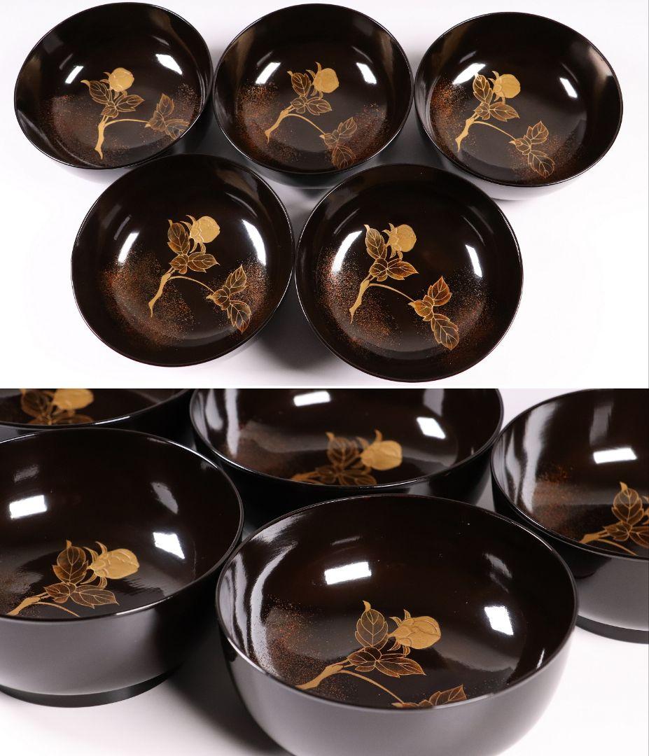 MA246 時代漆器 輪島塗 牡丹雀金蒔絵 梨地 黒塗椀 五客 木製 花鳥