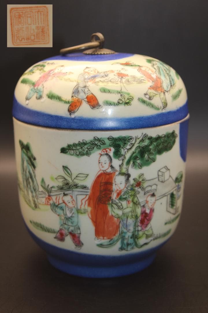 cckoy57835　中国美術品　大清同治年製　蓝釉人物粉彩茶壺　茶缶？