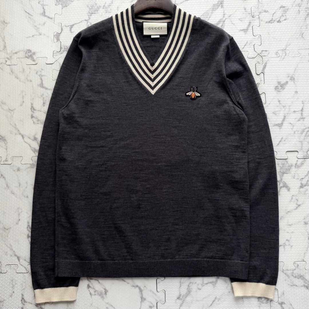 極美品✨19AW GUCCI グッチ BEE刺繍 Vネックニット グレー L