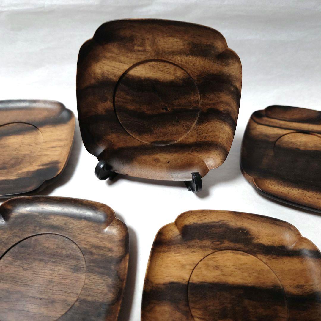 訳あり/黒柿 隅切 茶托 当石作 煎茶道具 5客