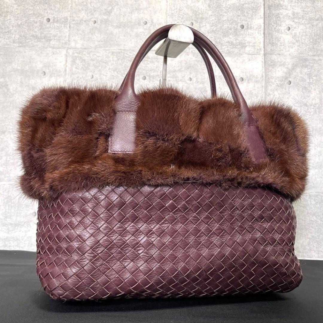 専用品FALORNI イントレチャート レザー×ファー ボルドー トートバッグ