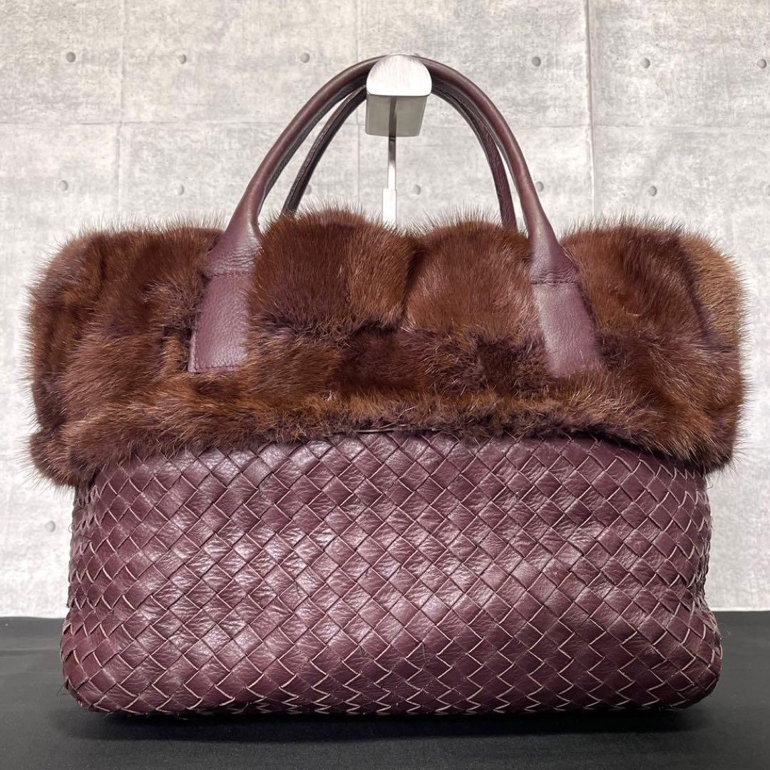 専用品FALORNI イントレチャート レザー×ファー ボルドー トートバッグ