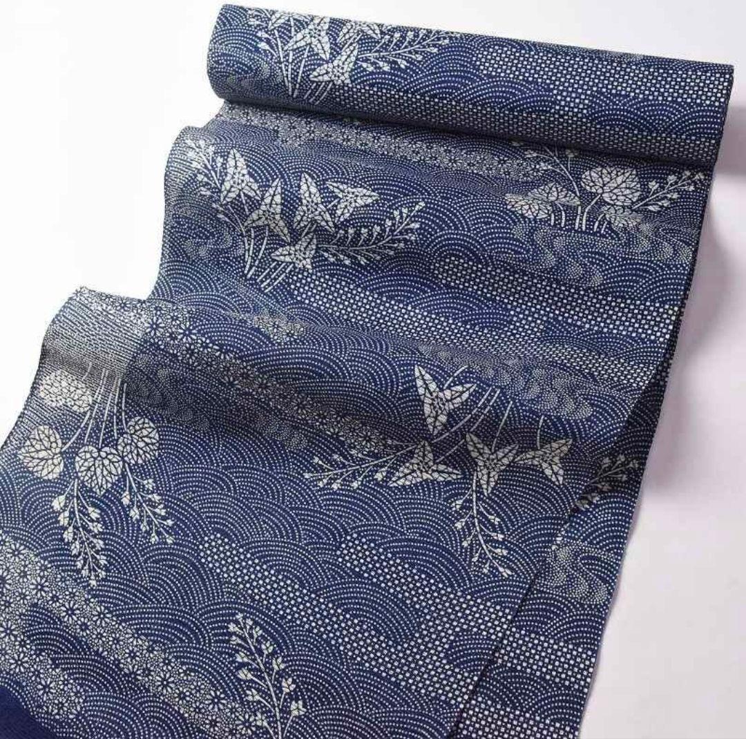 浴衣 反物 お誂え 綿絽 藍染め 正藍染 青海波 草花 小花 葵 沢瀉