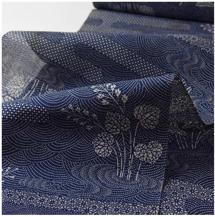 浴衣 反物 お誂え 綿絽 藍染め 正藍染 青海波 草花 小花 葵 沢瀉