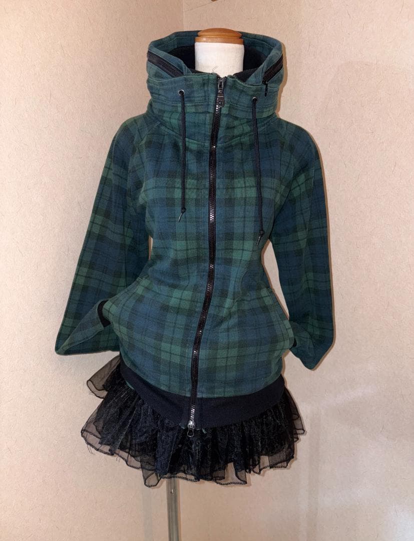 平成ギャル y2k 緑チェック ハイネック Wジップ フェアリーグランジ ロック