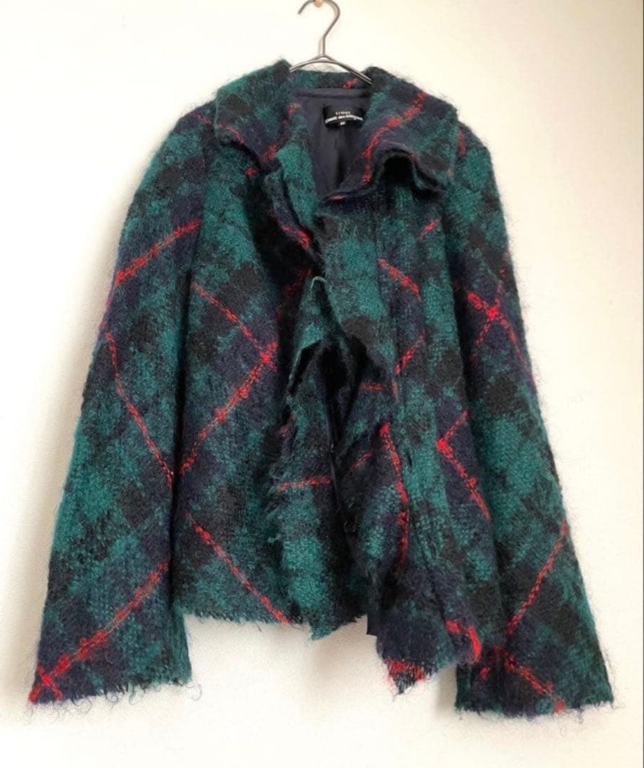 トリココムデギャルソン　モヘヤ混紡タータンチェック断ち切りジャケット チェック