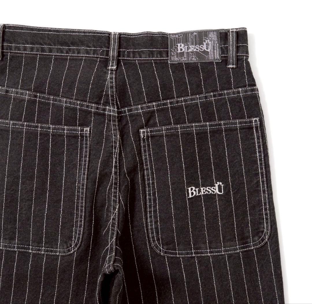 BlessU ブラックストライプ ワイドパンツ
