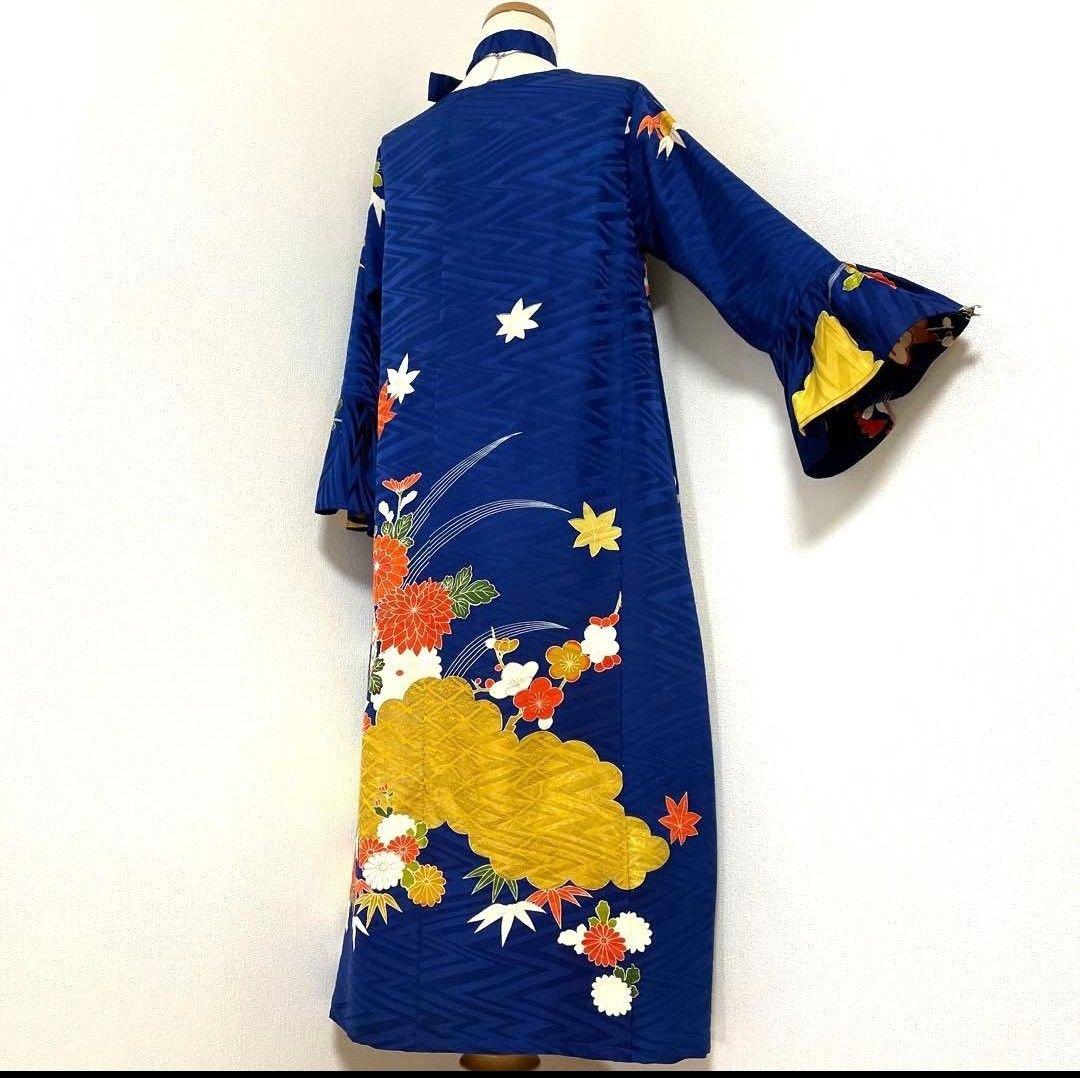 【ひより】正絹　古典柄　振袖リメイクフレアドレス　紺