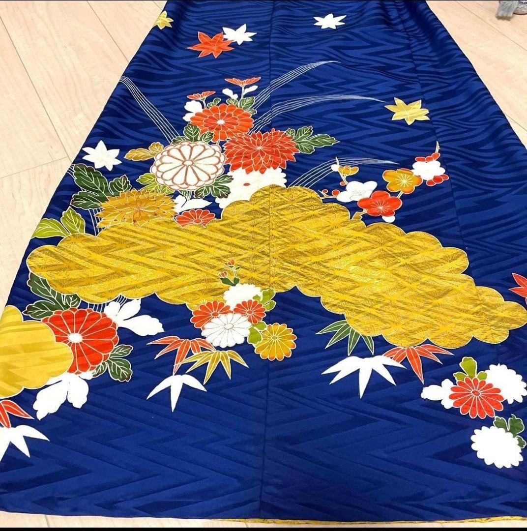 【ひより】正絹　古典柄　振袖リメイクフレアドレス　紺